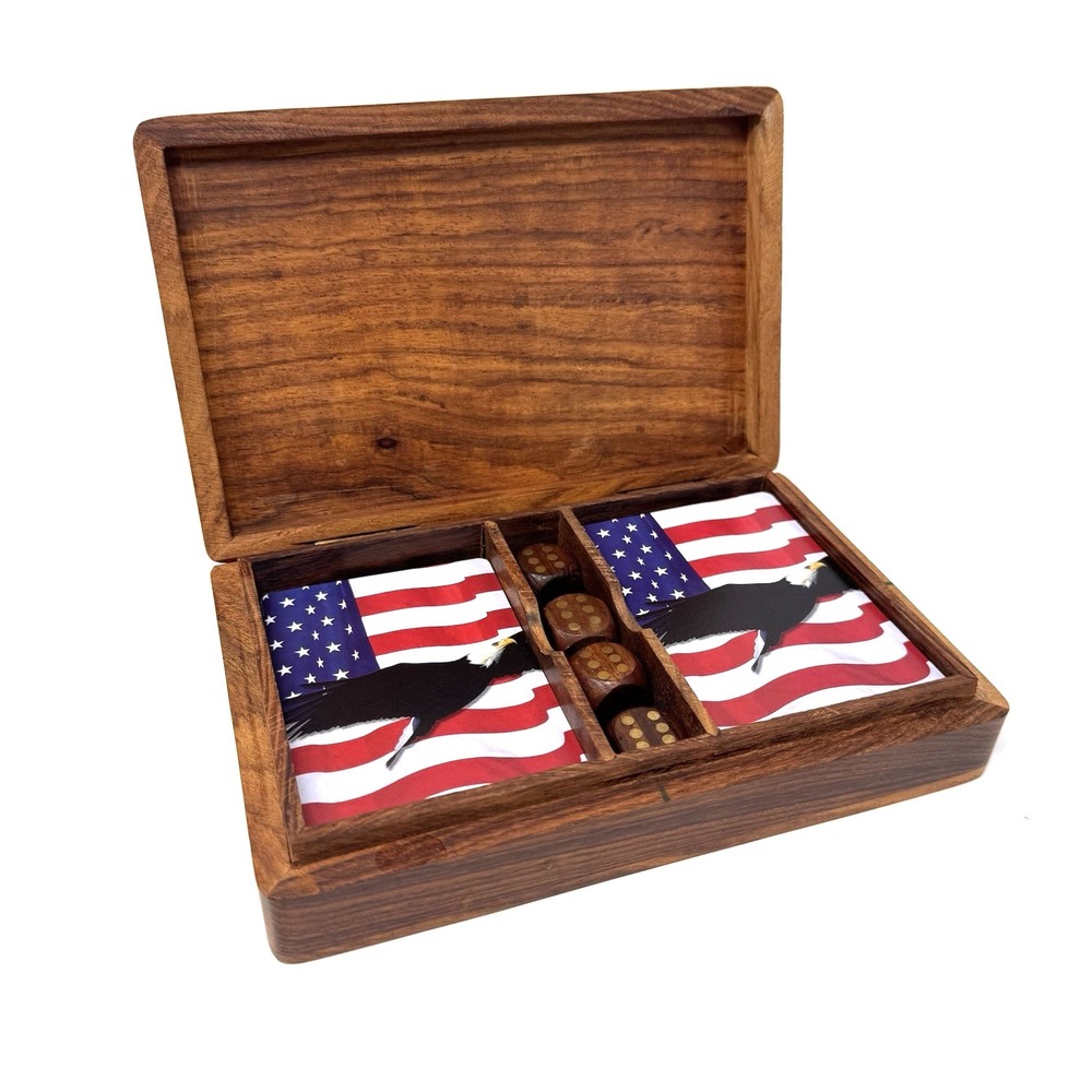 Wooden Card & Dice‎ Box Brass Inlay Poker Bridge Set Gift Ready w/Cards Handmade